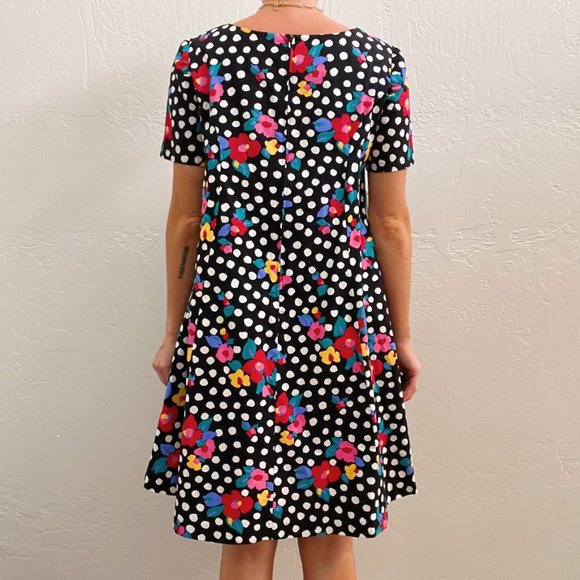 Vintage Black Funky Floral Dot Printed Short Sleeve Mini Dress - Picture 6 of 7